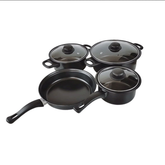 SSAWcasa Non-Stick Cookware Set, Small Portable Cast Iron Pots and Pans with Glass Lids and Nylon Utensils for Outdoor Cooking - 13 Piece Set, Black